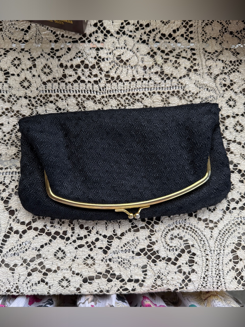 Vintage 1960s Black Faille Evening Clutch – Gold Frame – Satin Interior